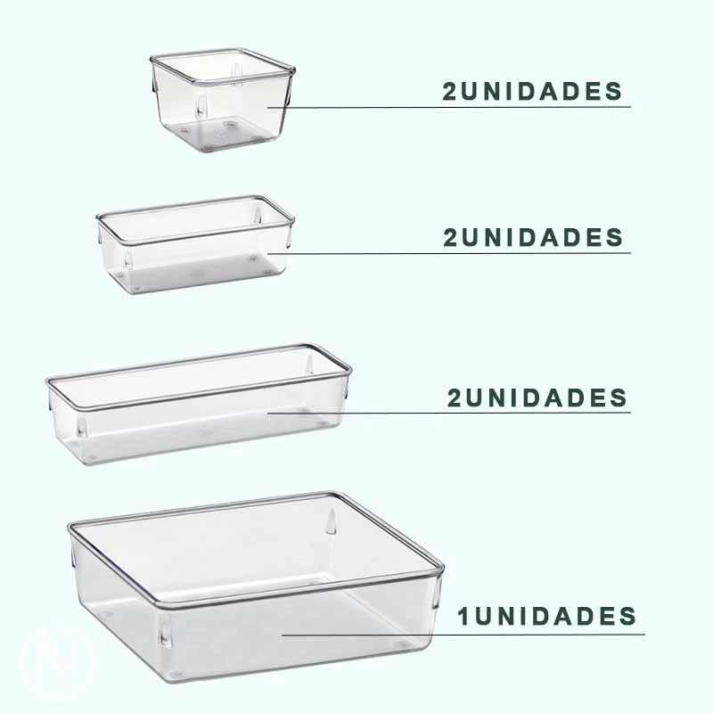 Kit 7 e Kit 14 Organizadores Multiuso para Gavetas, Armários, Geladeiras Potes em Acrílico