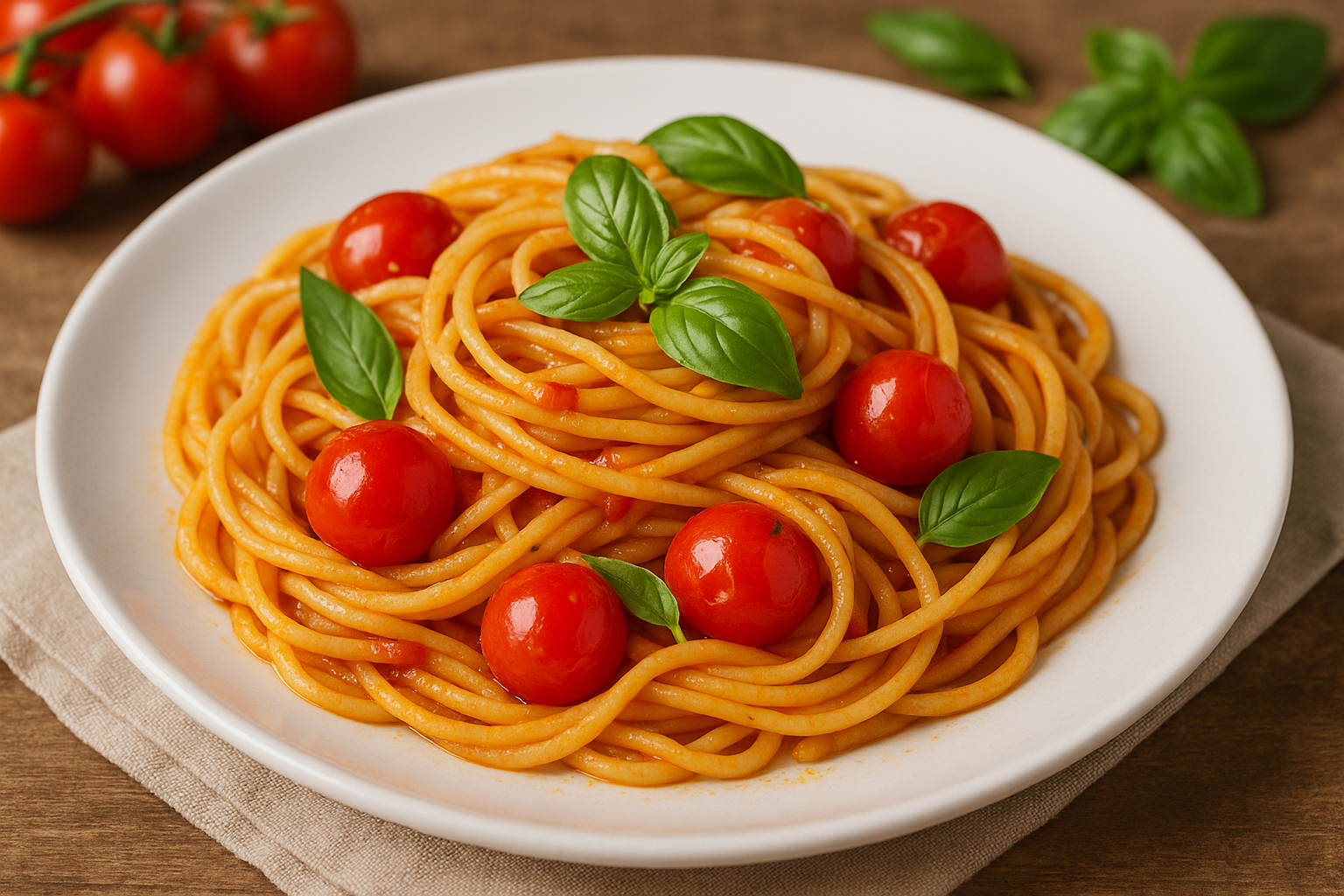 Macarrão com Tomate Cereja e Manjericão